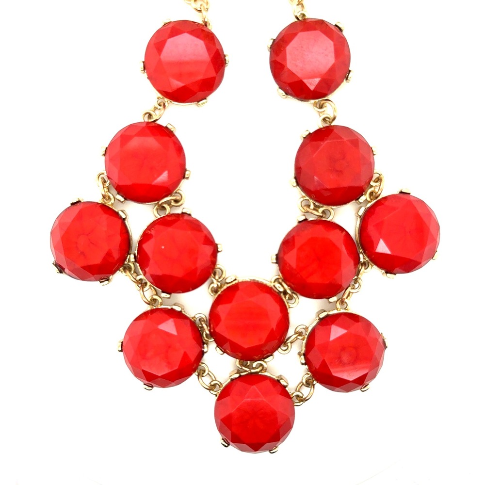 Red Statement Bib Necklace Gold Tone Faceted Stone Tiered Collar‎ 18-21 Inch